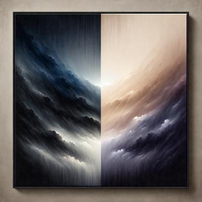 The primary subject of the image is a painting featuring two contrasting colors, one being dark and the other being light. The setting is a canvas, and the visual style is a painting. The dominant colors are dark and light, creating a moody atmosphere.